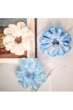 patlangaç Kış Mavi Kadife Lastik Toka 3'lü Set - Beyaz Tül Lastik Toka Kar Ta...