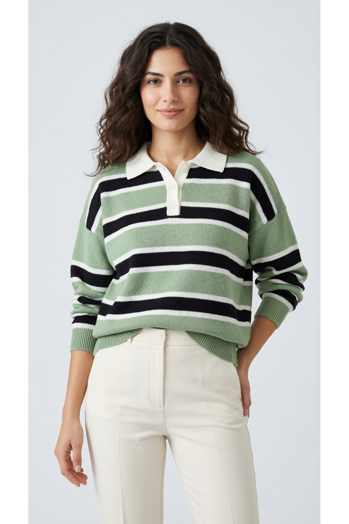 kiwi giyim Polo Yaka Düğmeli Çizgili Yumuşak Dokulu Oversize Kadın Triko Kazak - Mavi/Lacivert