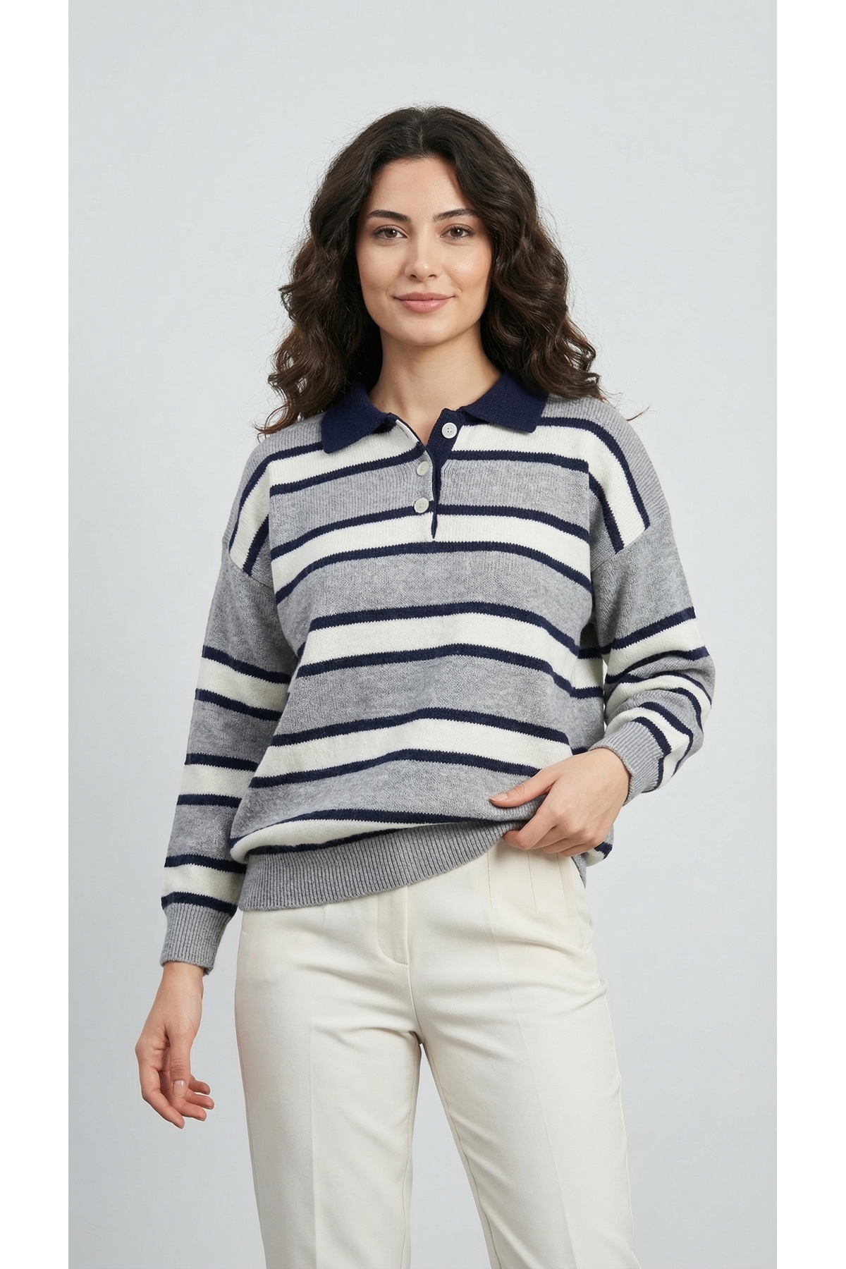 kiwi giyim Polo Yaka Düğmeli Çizgili Yumuşak Dokulu Oversize Kadın Triko Kazak - Mavi/Lacivert