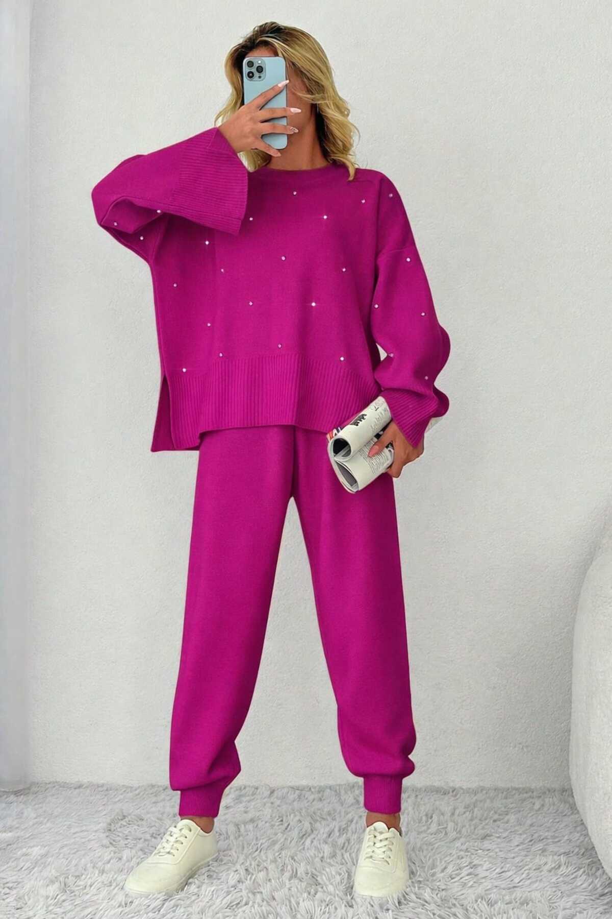 FİFTY ONE Set dublu de tricotaje cu pietre aplicate fucsia pentru femei