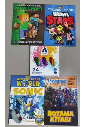 ada çanta kırtasiye 4 adet stickerli boyama kitabı ve 24'lü adel kuru boya ka...