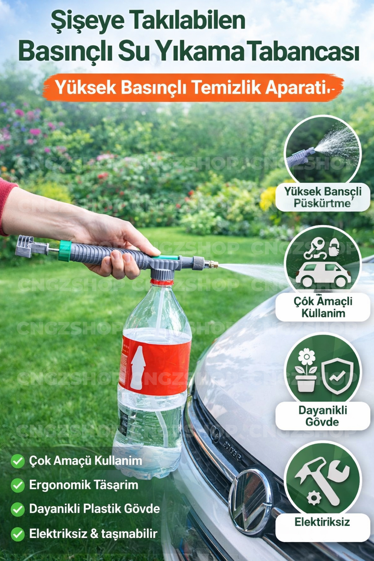 CNGZSHOP Şişeye Takılabilen Basınçlı Su Yıkama Tabancası | Yüksek Basınçlı Temizlik Aparatı