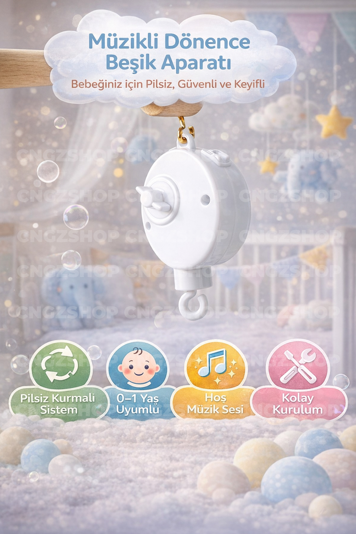 CNGZSHOP Müzikli Dönence Beşik Aparatı – Pilsiz Kurmalı fotoğrafı 4 (önizleme)