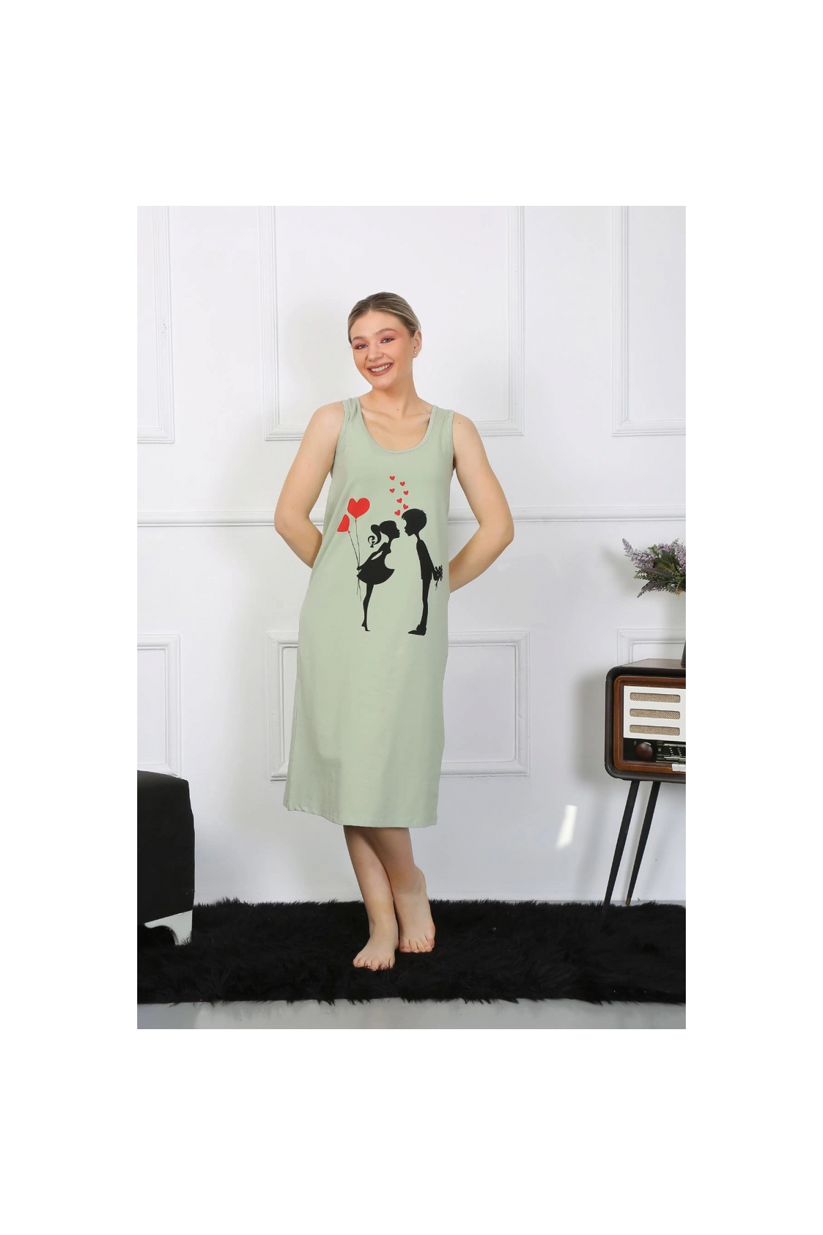 Narnuga MİRAY- Kadın Kalın Askılı Penye Uzun Fıstık Yeşili Gecelik