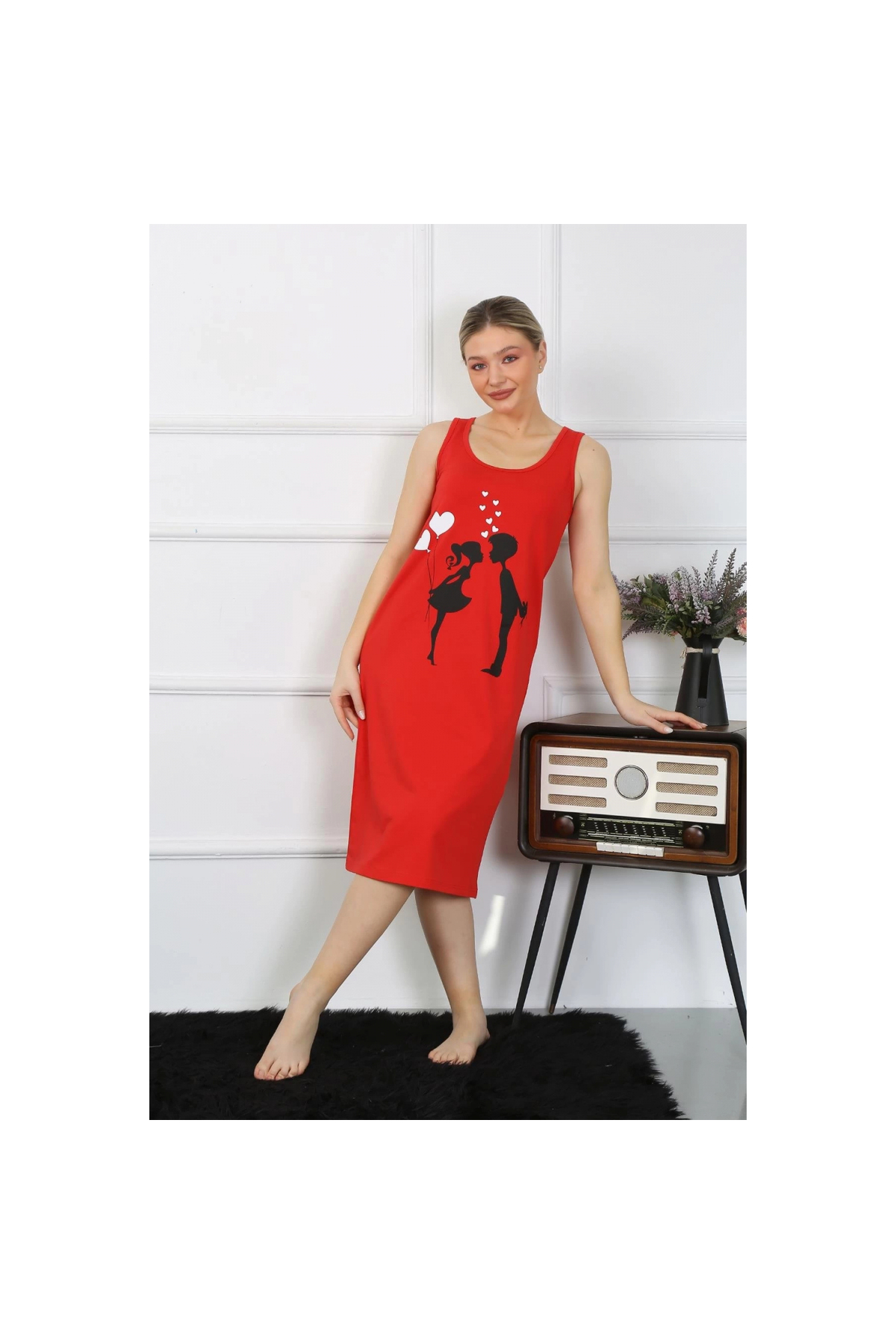 Narnuga MİRAY- Kadın Kalın Askılı Penye Uzun Kırmızı Gecelik