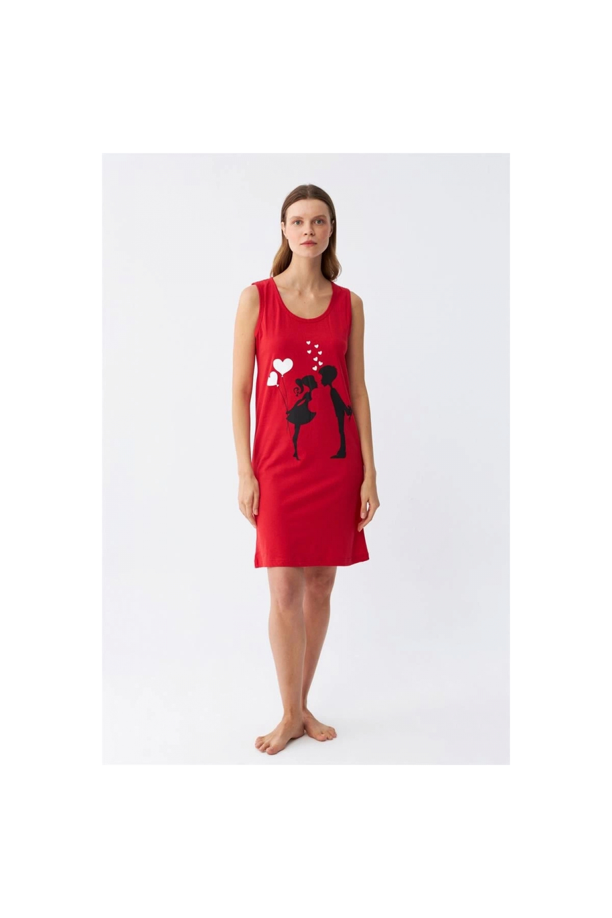 Narnuga MİRAY- Kadın Kalın Askılı Penye Diz Üstü Kırmızı Gecelik