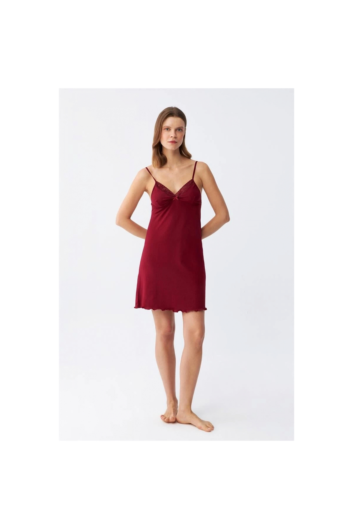 Narnuga MİRAY- İp Askılı Penye Gecelik Bordo