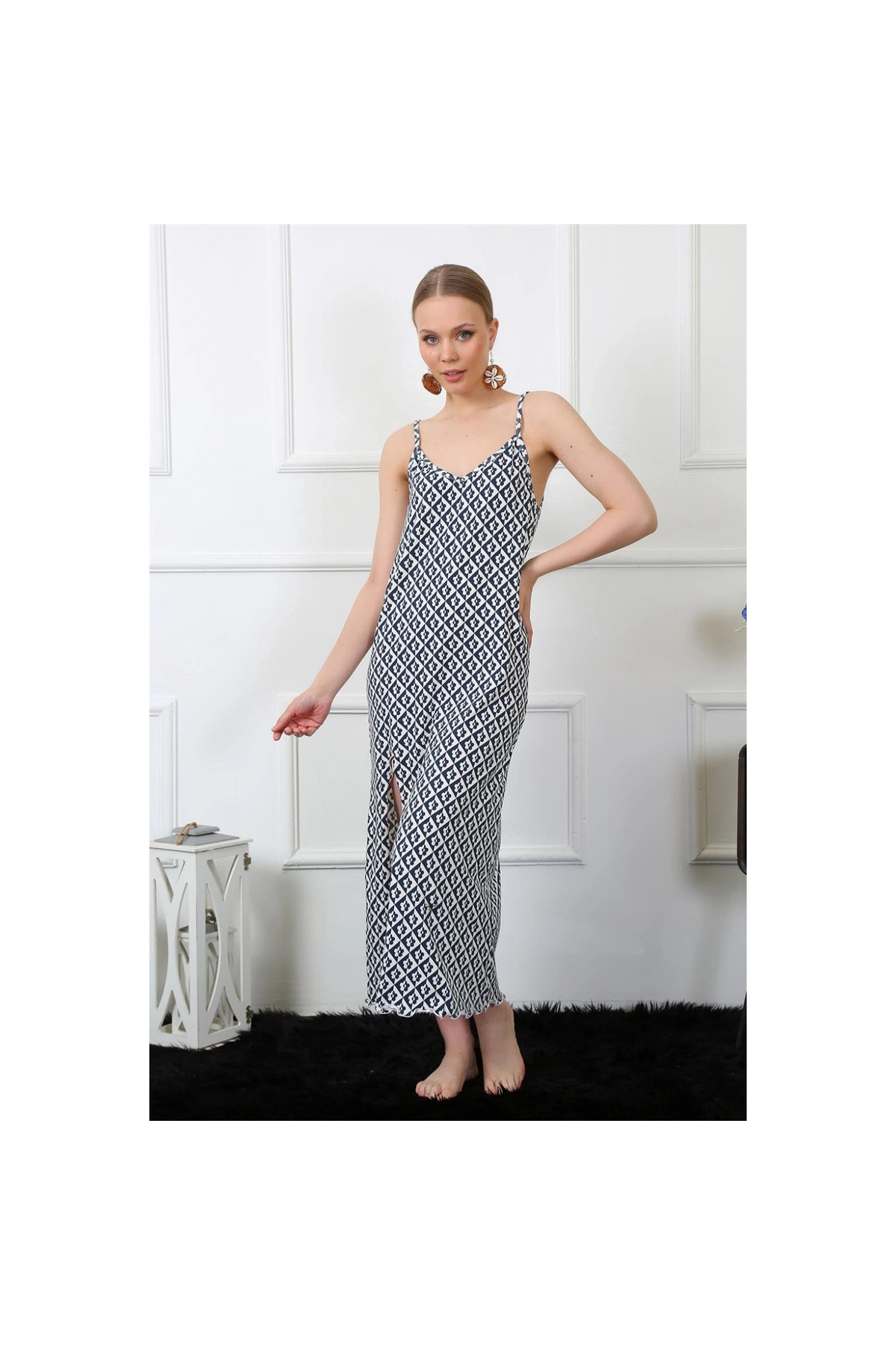 Narnuga MİRAY- Kadın İp Askılı Uzun Gecelik Lacivert