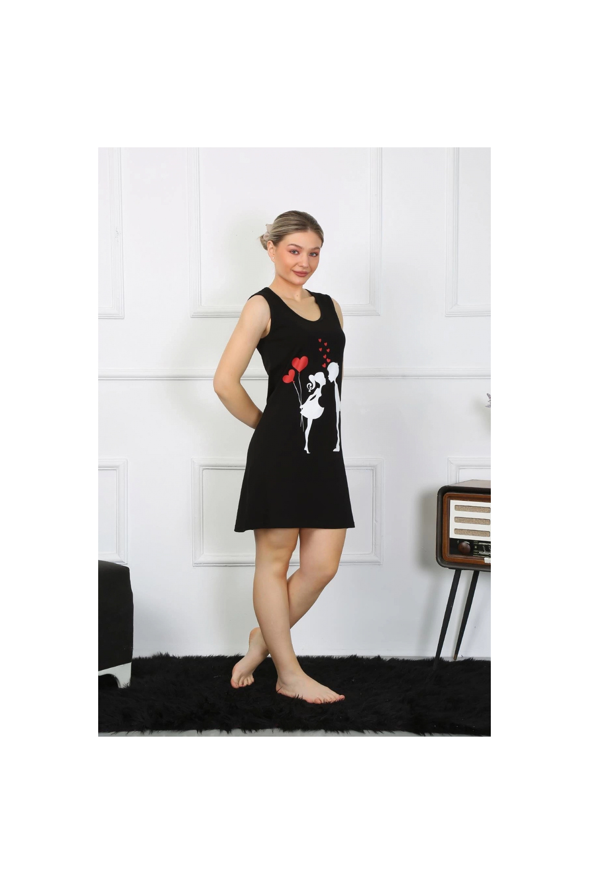 Narnuga MİRAY- Kadın Kalın Askılı Penye Diz Üstü Siyah Gecelik