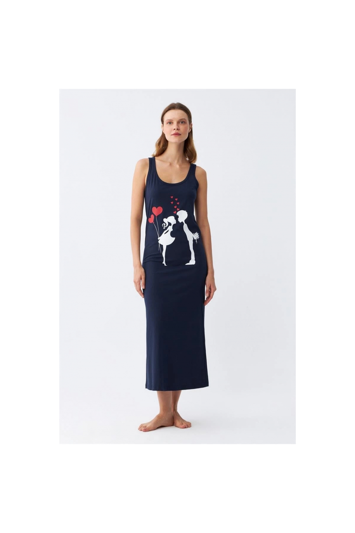 Narnuga MİRAY- Kadın Kalın Askılı Penye Uzun Lacivert Gecelik