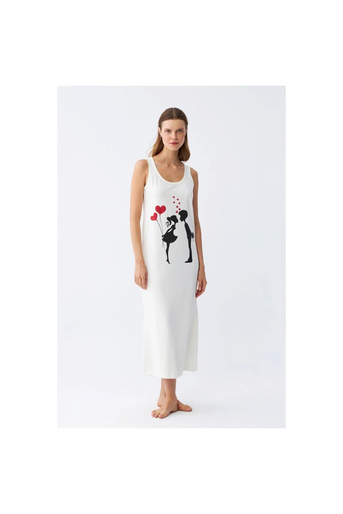 Narnuga MİRAY- Kadın Kalın Askılı Penye Uzun Ekru Gecelik