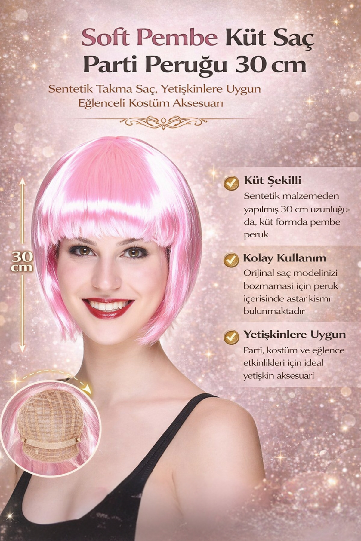 Tamsena Store Soft Pembe Küt Saç Parti Peruğu 30 cm | Sentetik Takma Saç, Eğlenceli Kostüm Aksesuarı