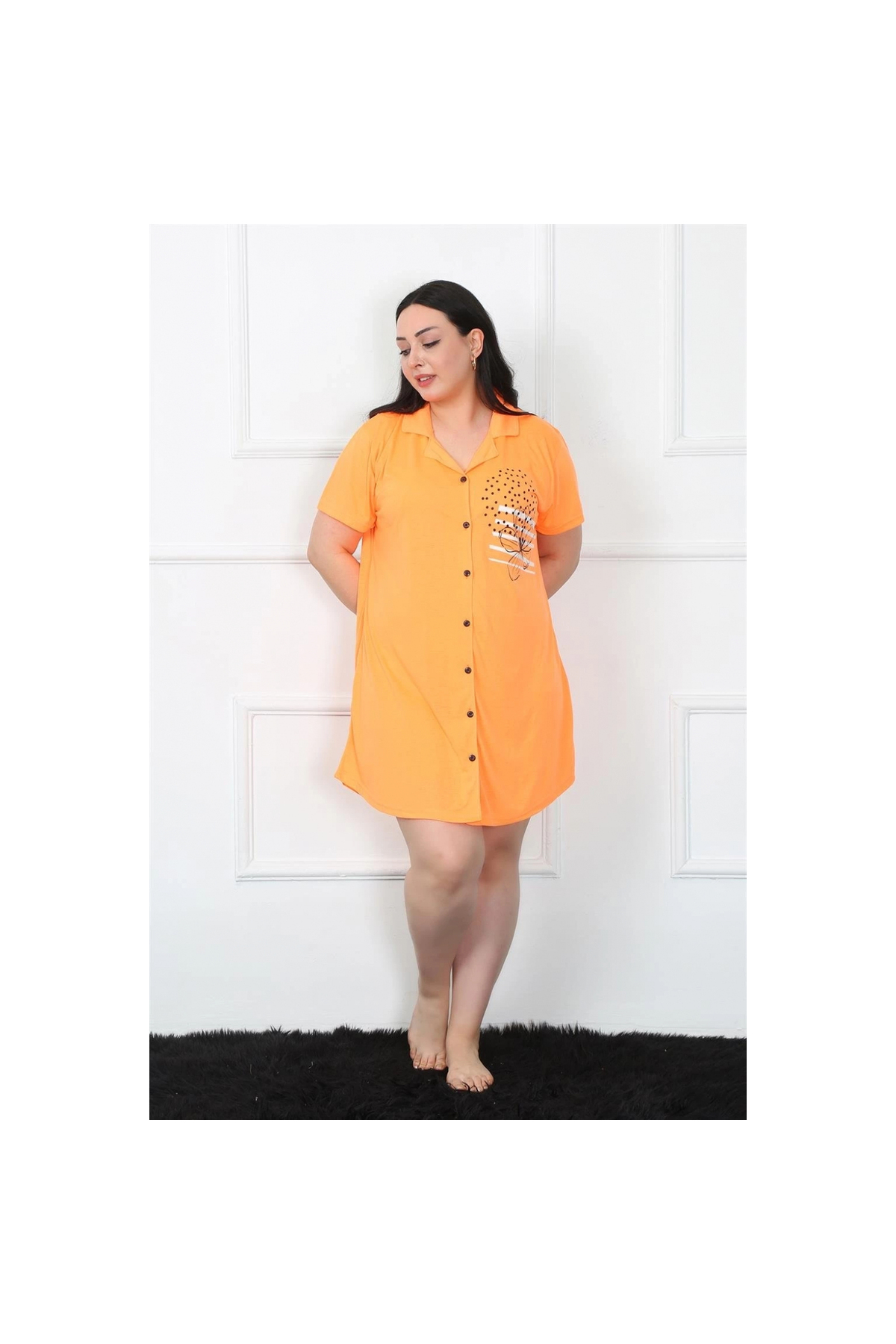 Narnuga Winta- Büyük Beden Penye Düğmeli Turuncu Tunik Gecelik 1025
