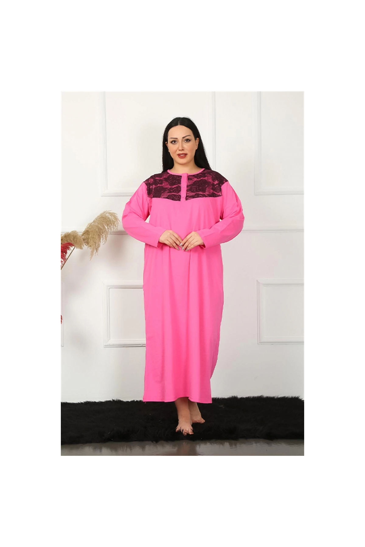 Narnuga MİRAY- Büyük Beden Uzun Kol Dantelli Fuşya Anne Gecelik