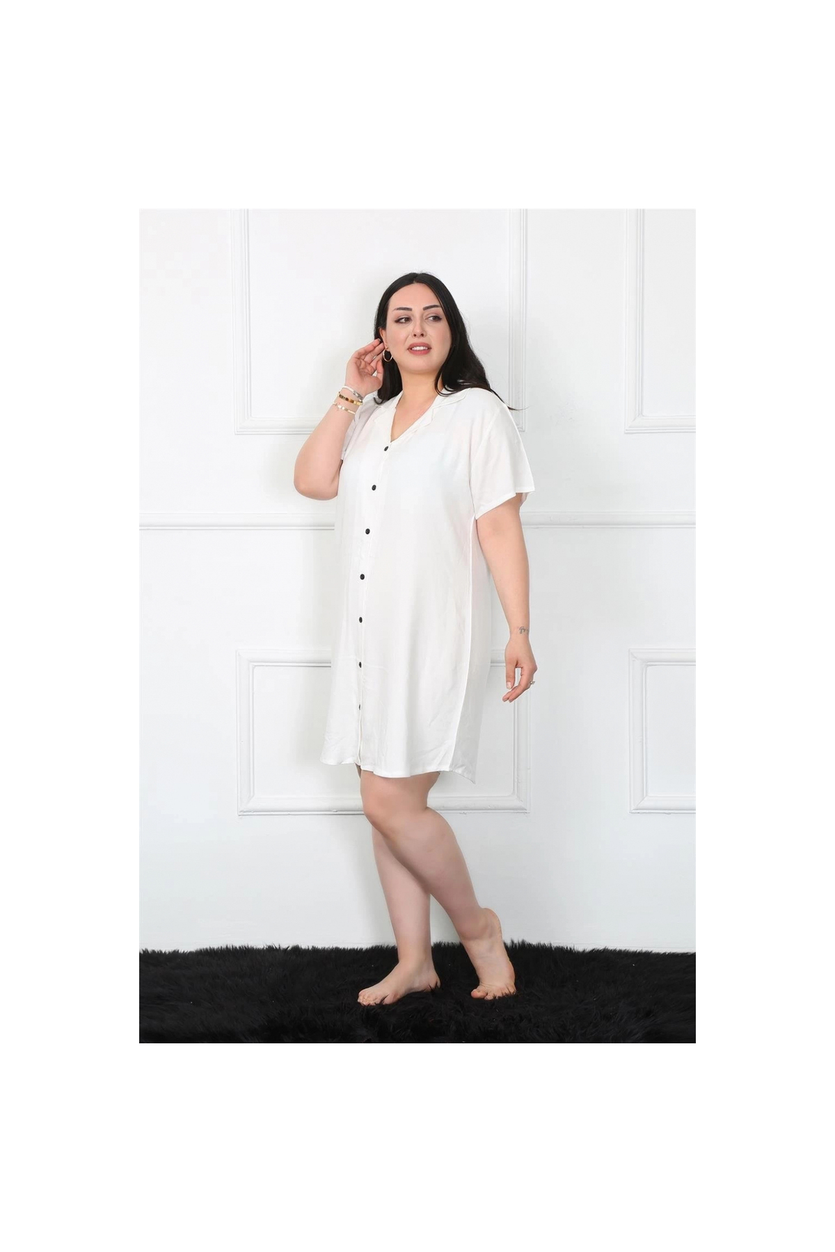 Narnuga MİRAY- Büyük Beden Dokuma Düğmeli Beyaz Tunik Gecelik