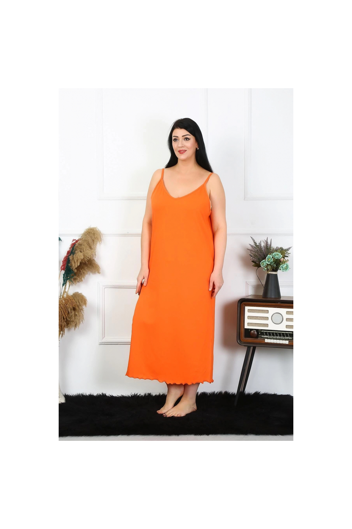 Narnuga MİRAY- Kadın Büyük Beden İp Askılı Pamuklu Turuncu Uzun Gecelik