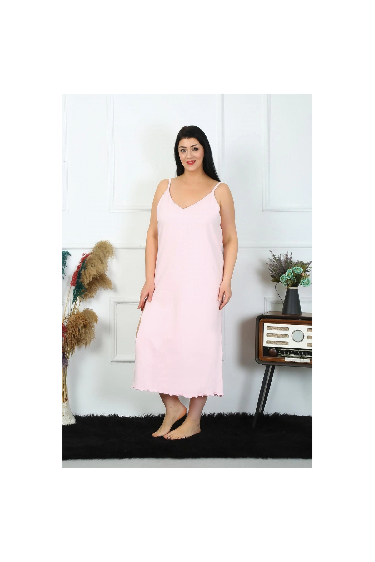 Narnuga MİRAY- Kadın Büyük Beden İp Askılı Pamuklu Pembe Uzun Gecelik