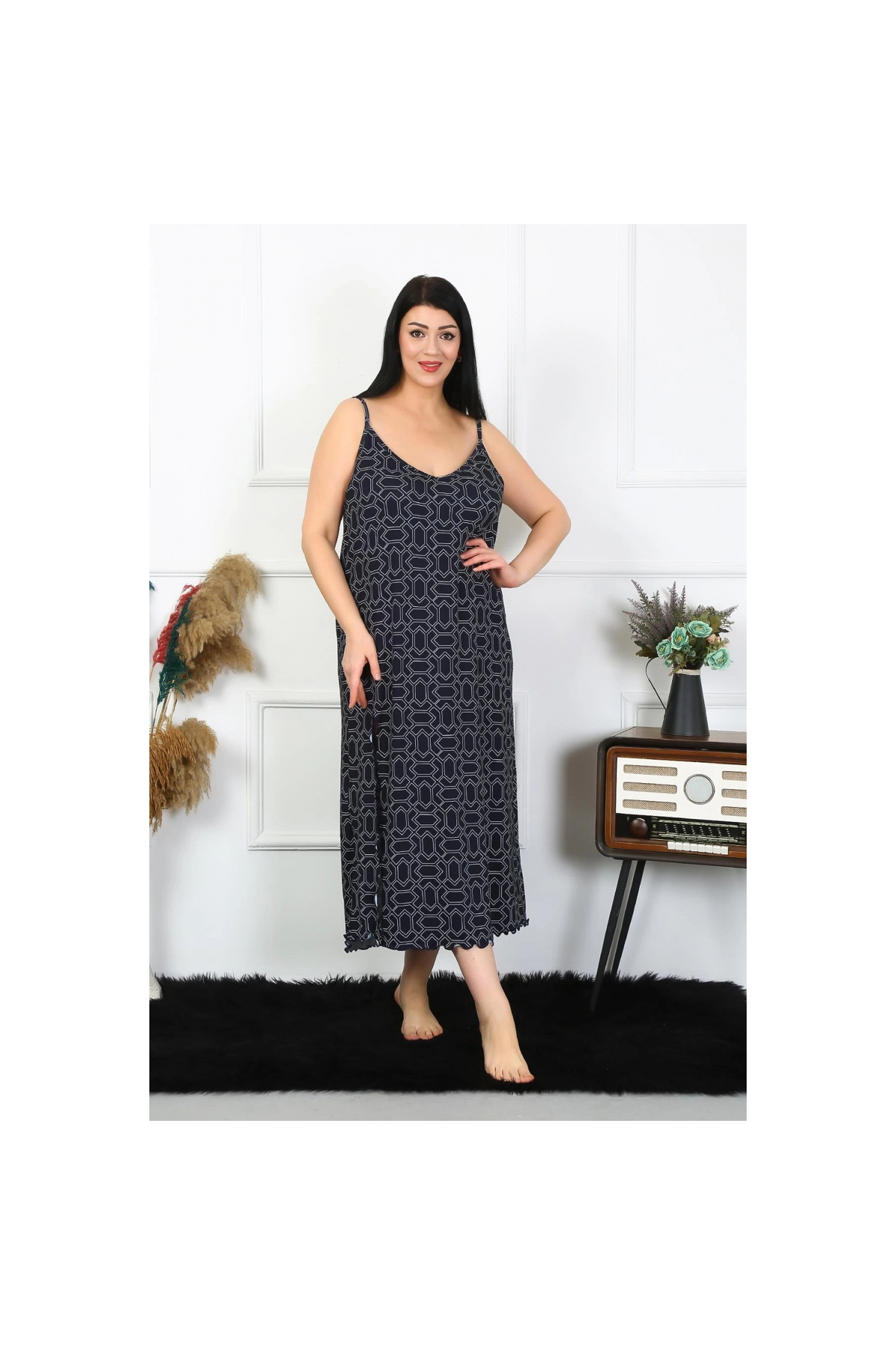 Narnuga MİRAY- Kadın Büyük Beden İp Askılı Pamuklu Uzun Gecelik