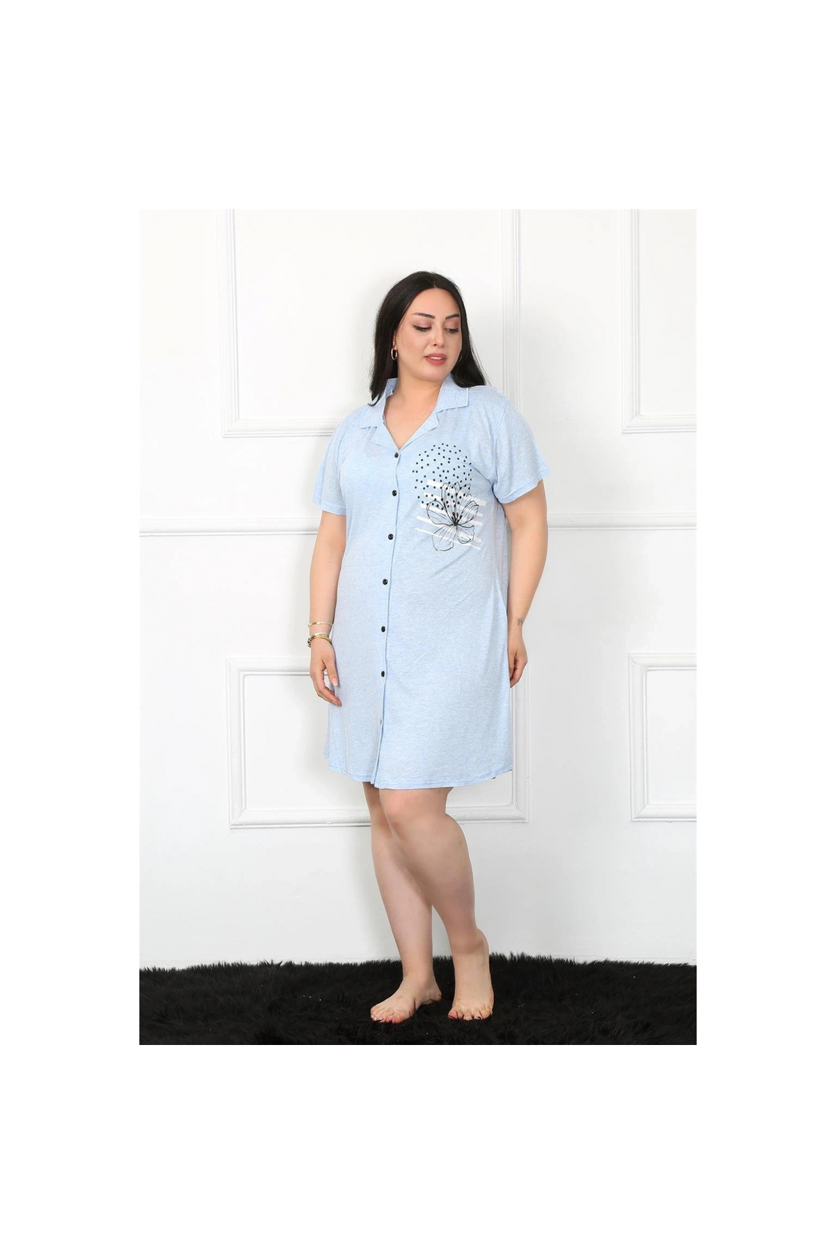 Narnuga MİRAY- Büyük Beden Penye Düğmeli Mavi Tunik Gecelik