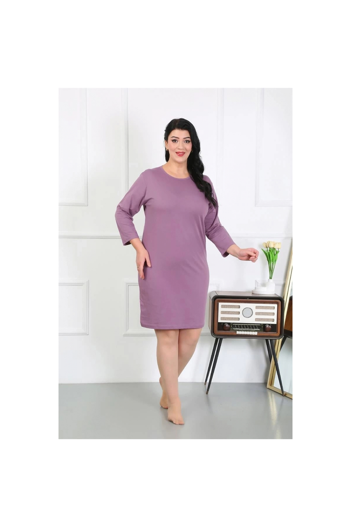 Narnuga MİRAY- Kadın Büyük Beden Penye Gecelik Ev Elbisesi Mürdüm