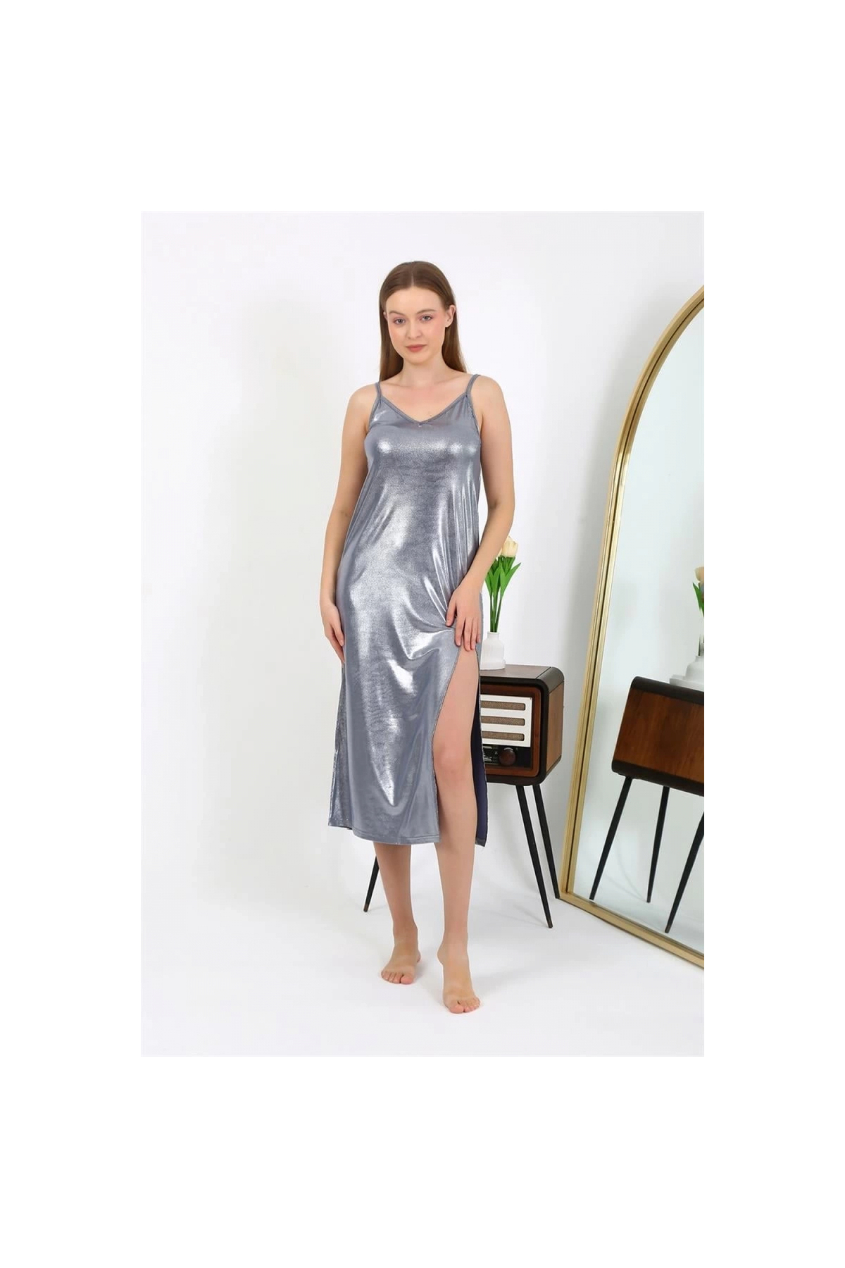 Narnuga MİRAY- Kadın İp Askılı Uzun Parlak Micro Elbise Gecelik Gri