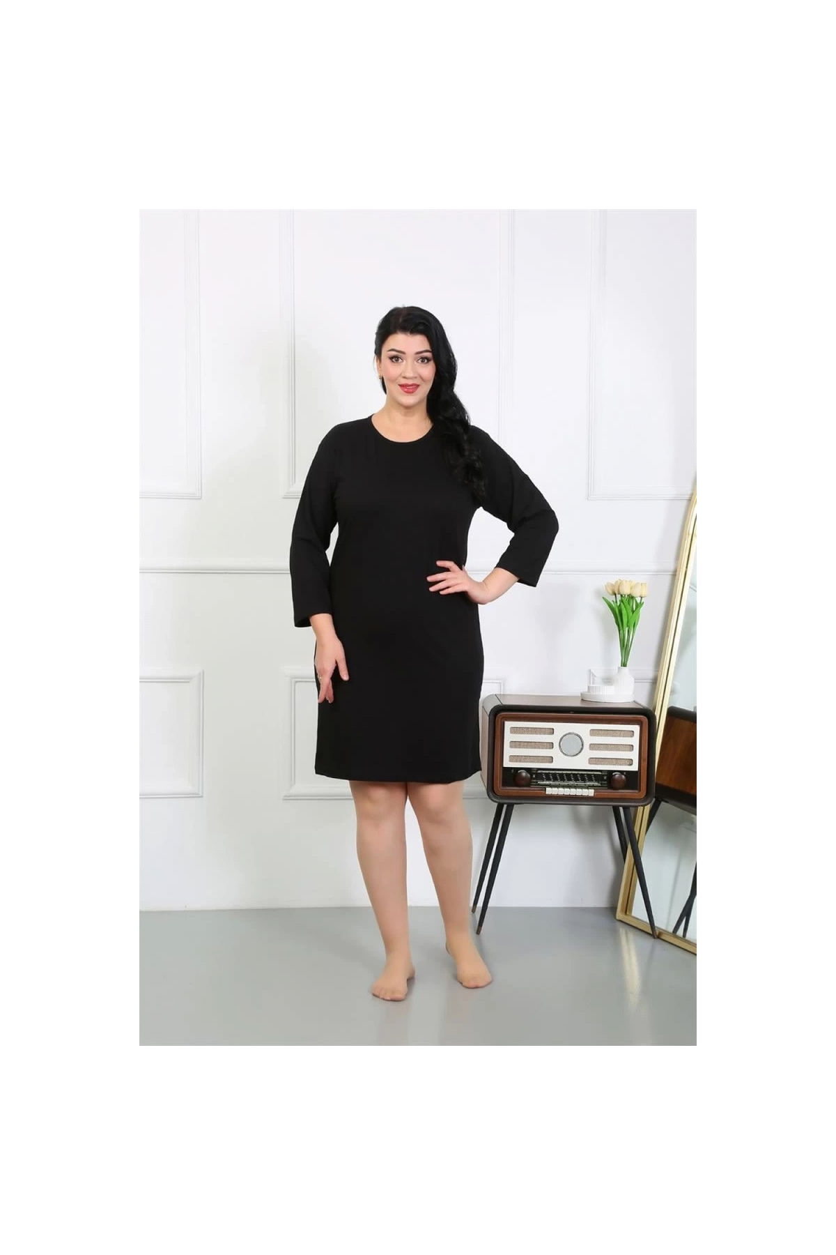 Narnuga MİRAY- Kadın Büyük Beden Penye Gecelik Ev Elbisesi Siyah