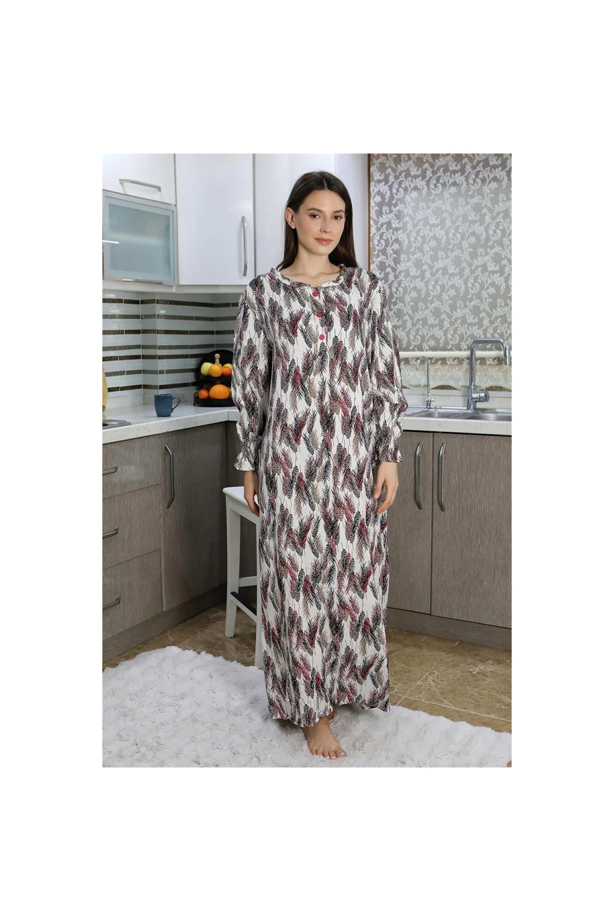 Narnuga MİRAY- Kadın Uzun Kol Penye Gecelik Ev Elbisesi Kırmızı