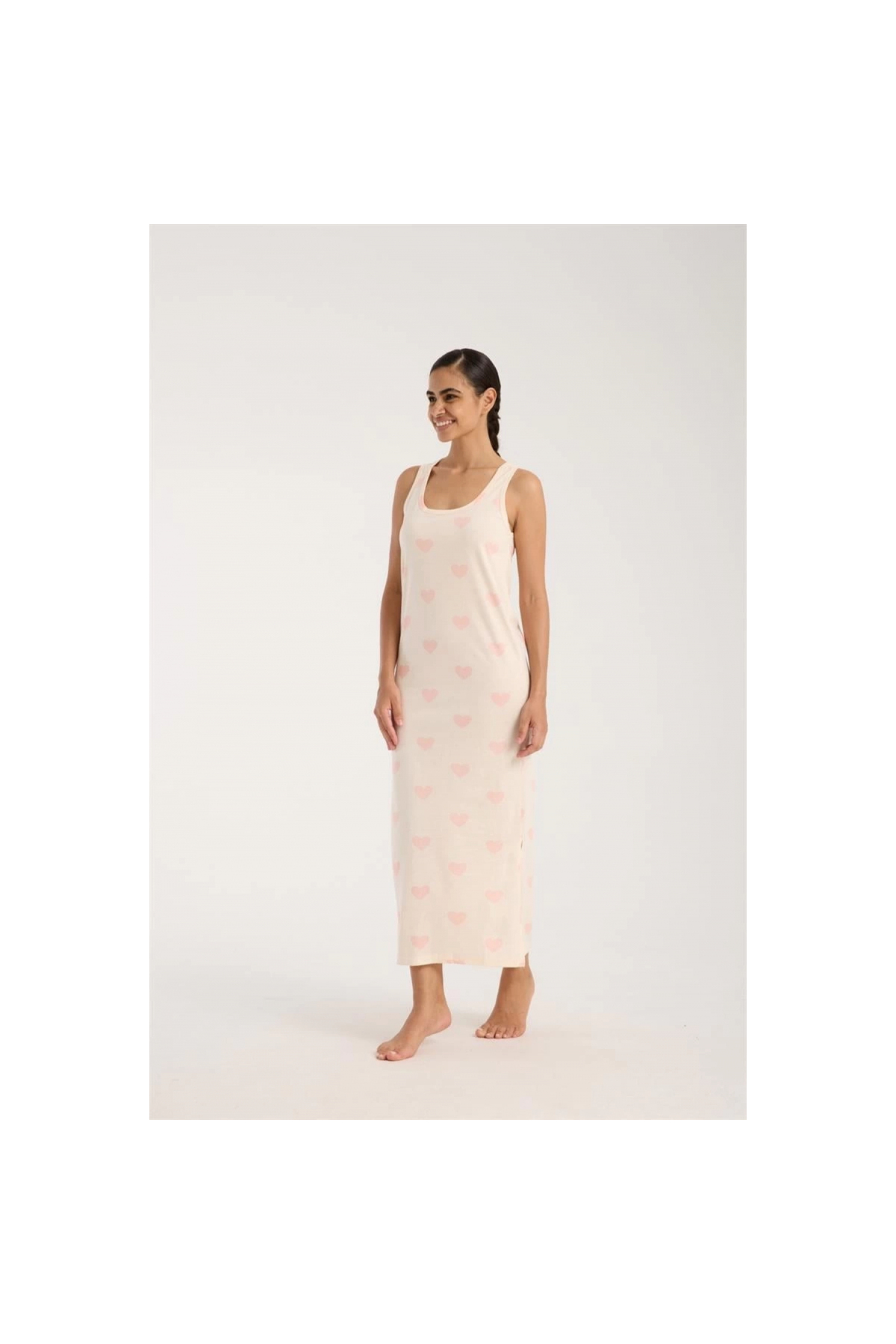 Narnuga MİRAY- Kadın Kalın Askılı Yırtmaçlı Uzun Pudra Gecelik