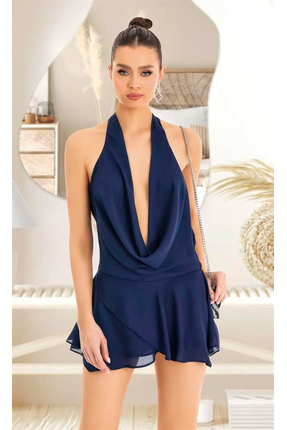 Genel Markalar Arias Closet Lacivert Sırt ve Göğüs Dekolteli Fantezi Mini Elbise