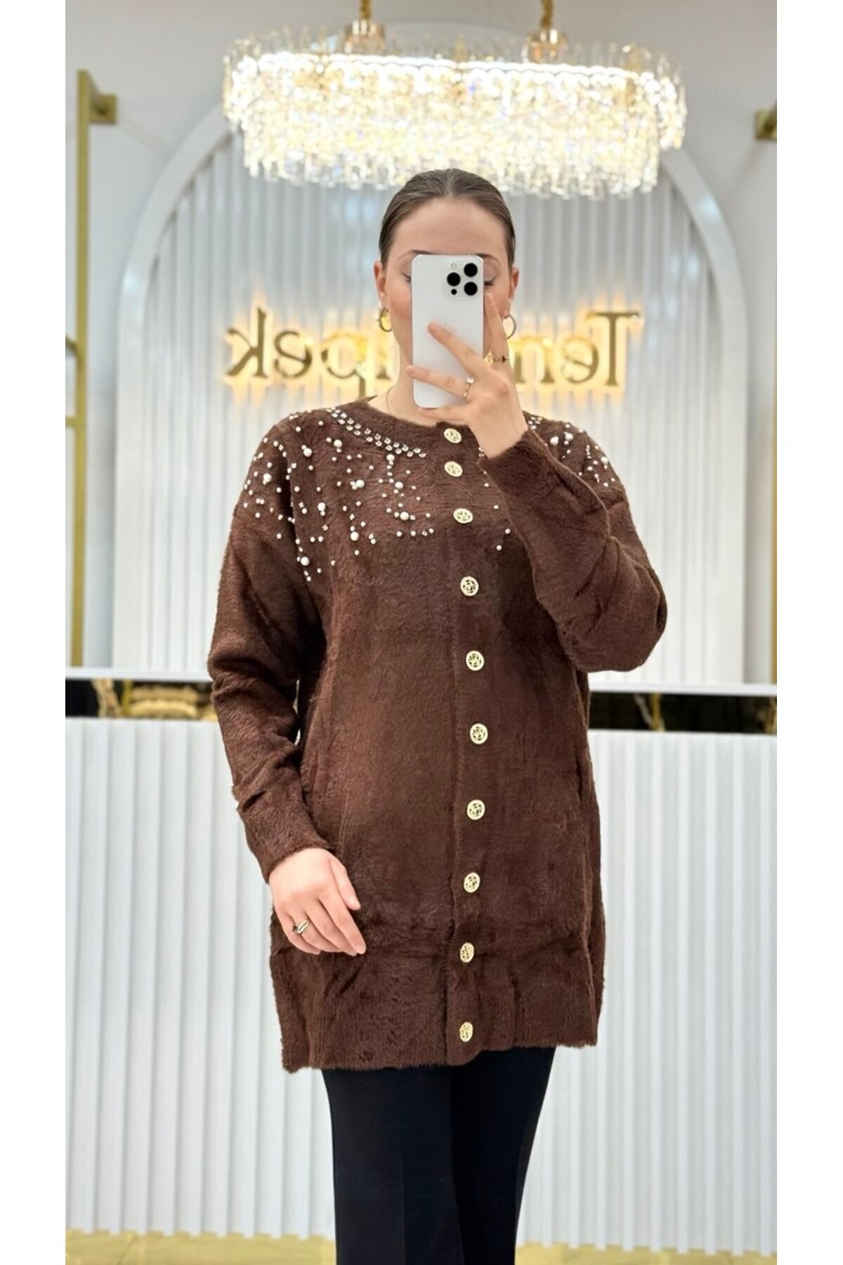 Nefise  Angora İncili Uzun Ceket - Görsel 3