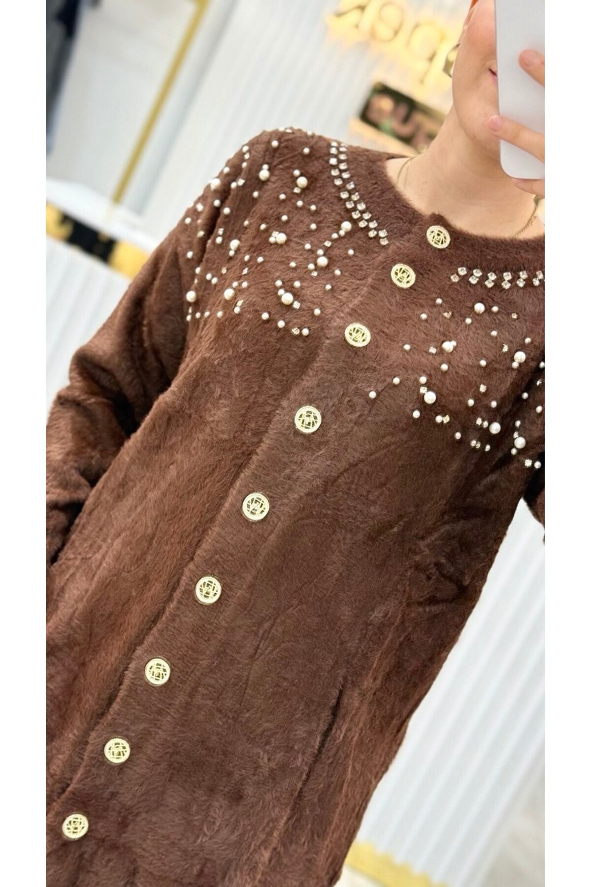 Nefise  Angora İncili Uzun Ceket - Görsel 4