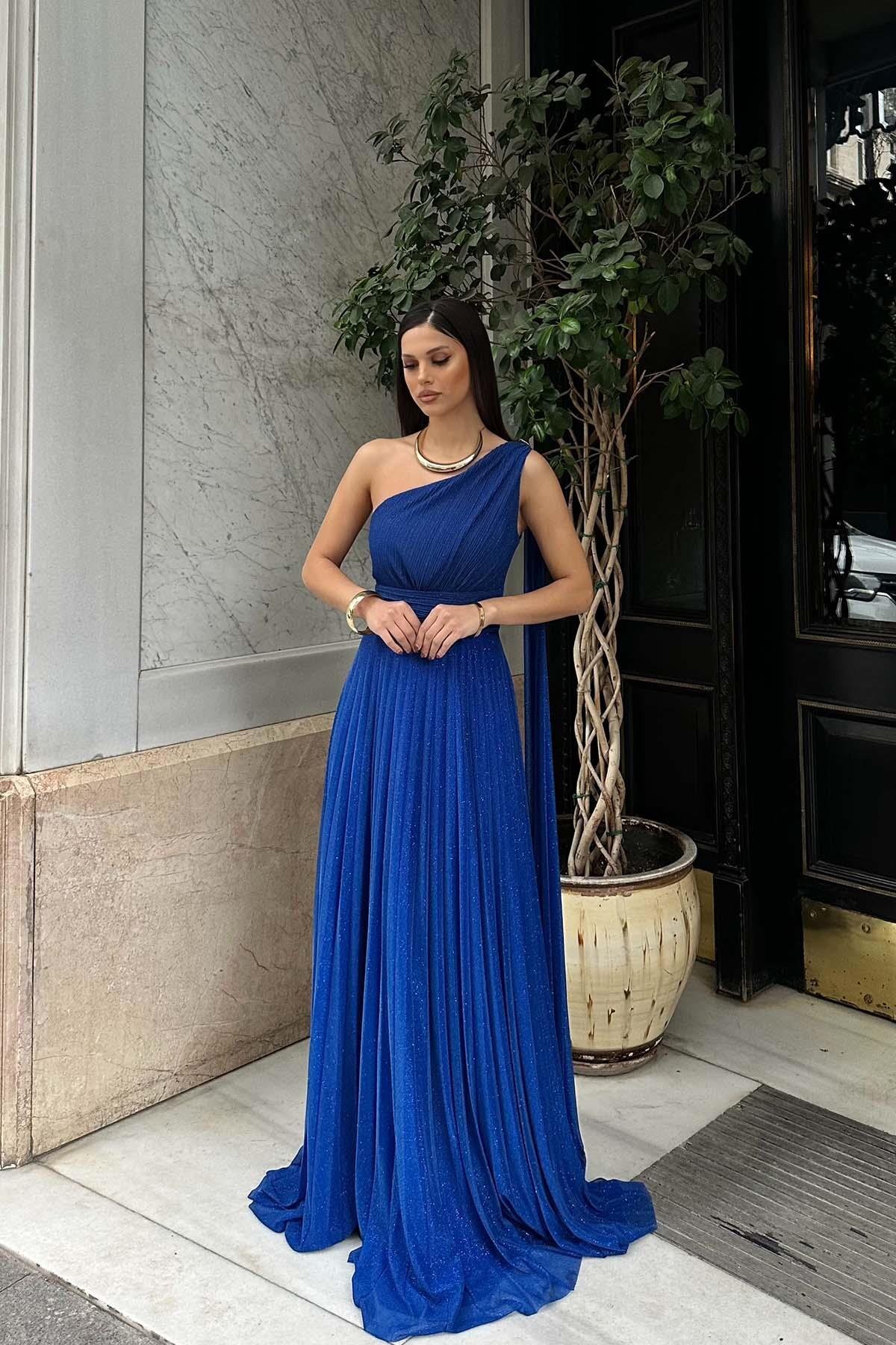 Women's Saxe Blue One Shoulder Long Evening Dress | Special Occasion & Invitation Dress MLB110