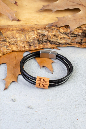 Quska Kişiye Özel İsimli El Yapımı Hakiki Deri Siyah Bileklik - Grain Minimal