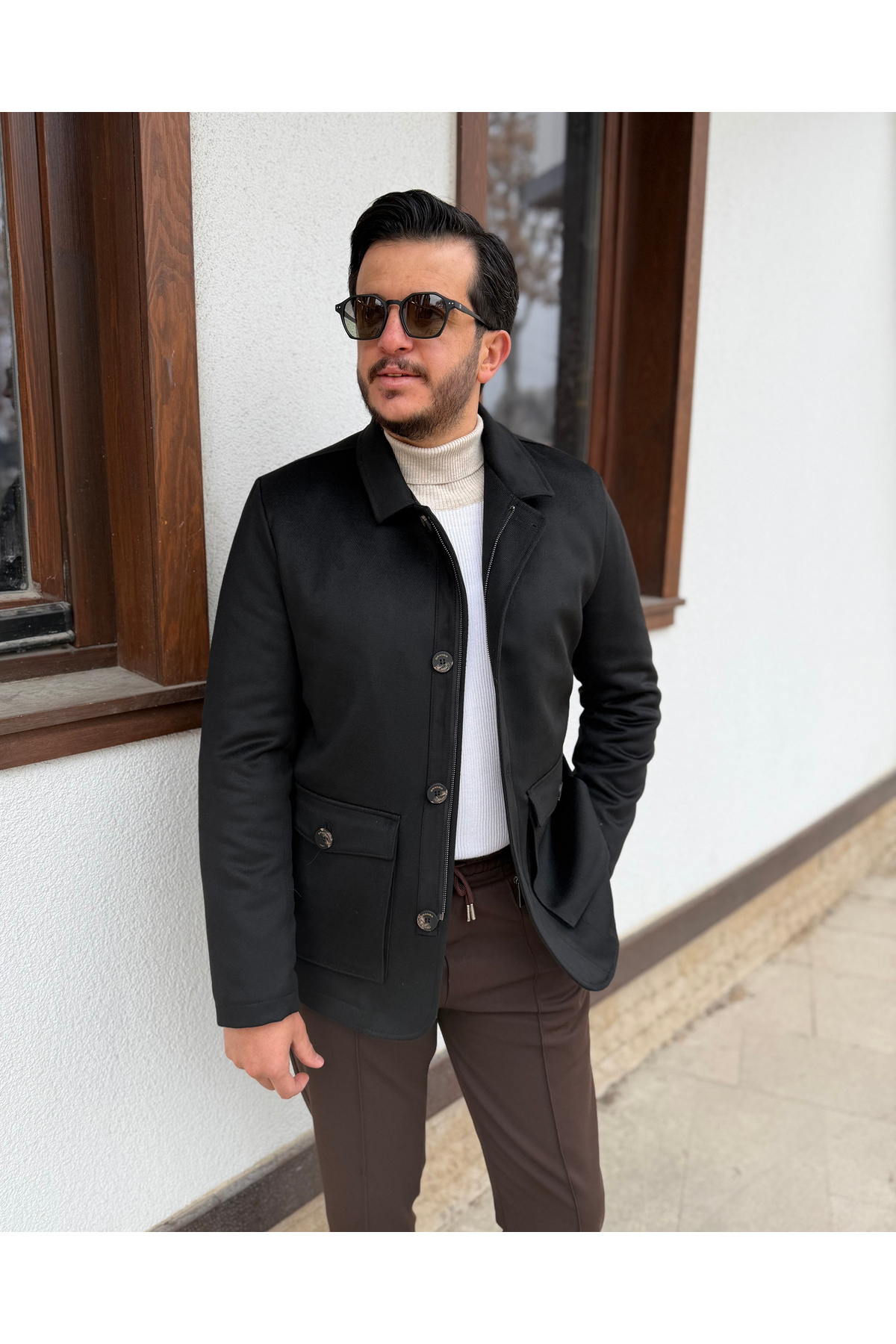 Erkek Fermuarlı & Düğmeli Siyah Kaşe Mont — مشکی 01463 — تصویر 2 از 8