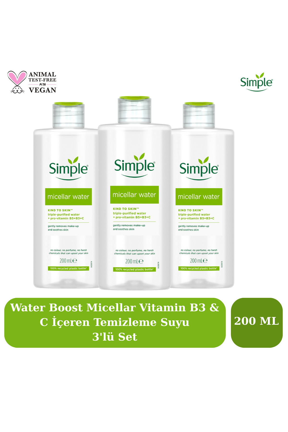 Simple Water Boost Micellar Vitamin B3 & C İçeren Temizleme Suyu 200 ML 3'lü Set