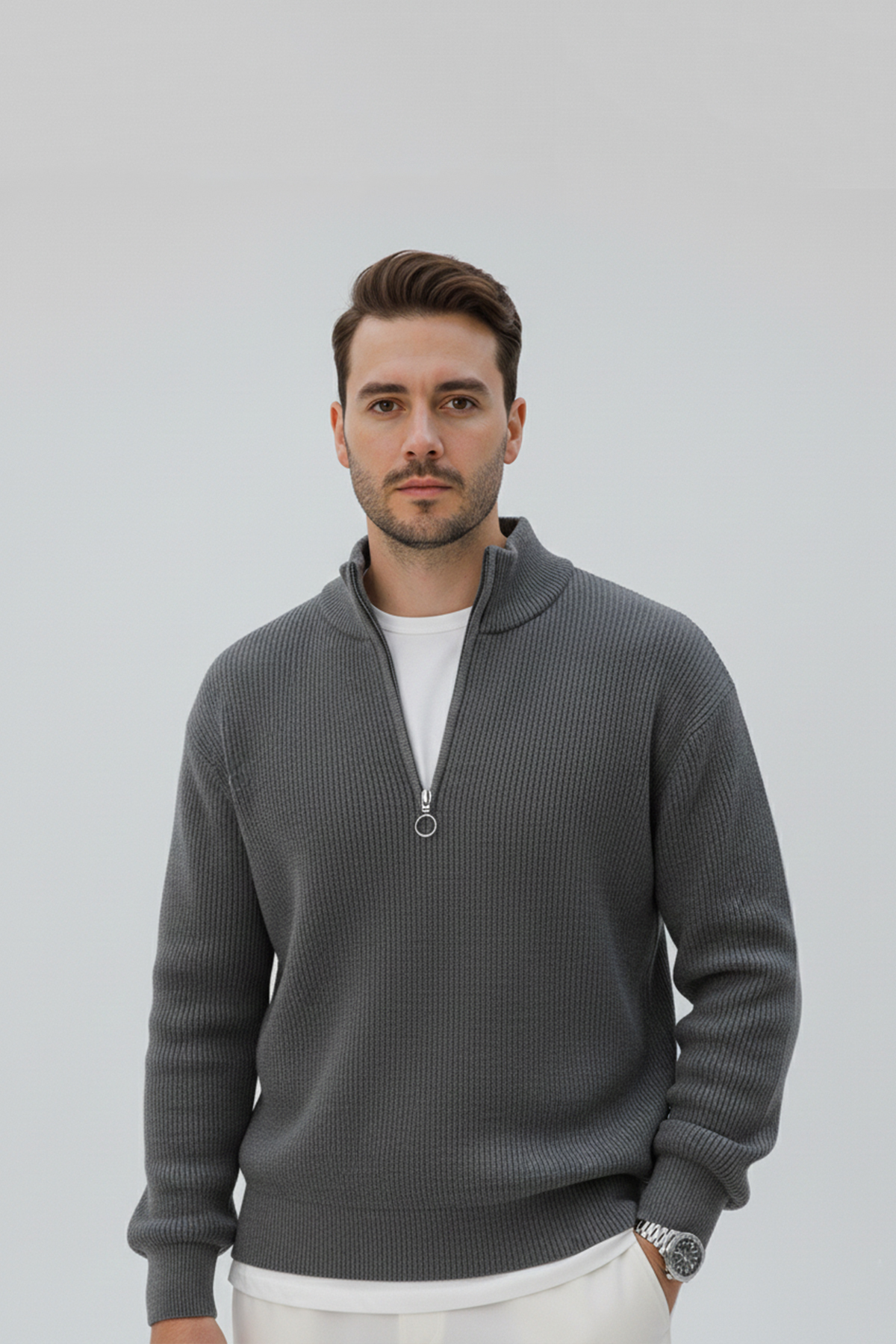 beuivo  Erkek Siyah-Füme 2'li Yarım Fermuarlı Dik Yaka Sweatshirt Selanik Örme Triko Kazak - Görsel 5