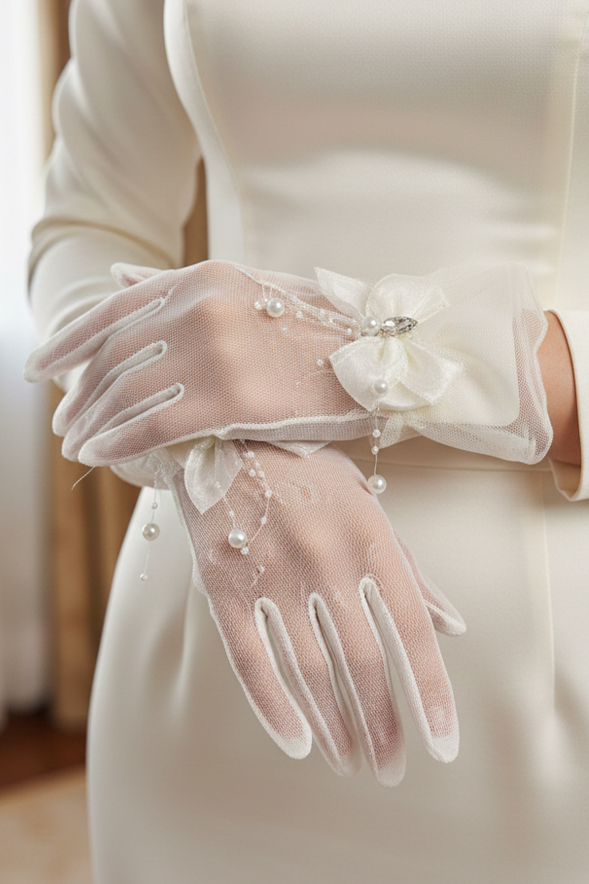 Limelia  Hayal Tül Gelin Eldiveni - İnci Dalı ve Kristal Taşlı Fiyonk Detaylı Nikah Eldiveni - Görsel 2