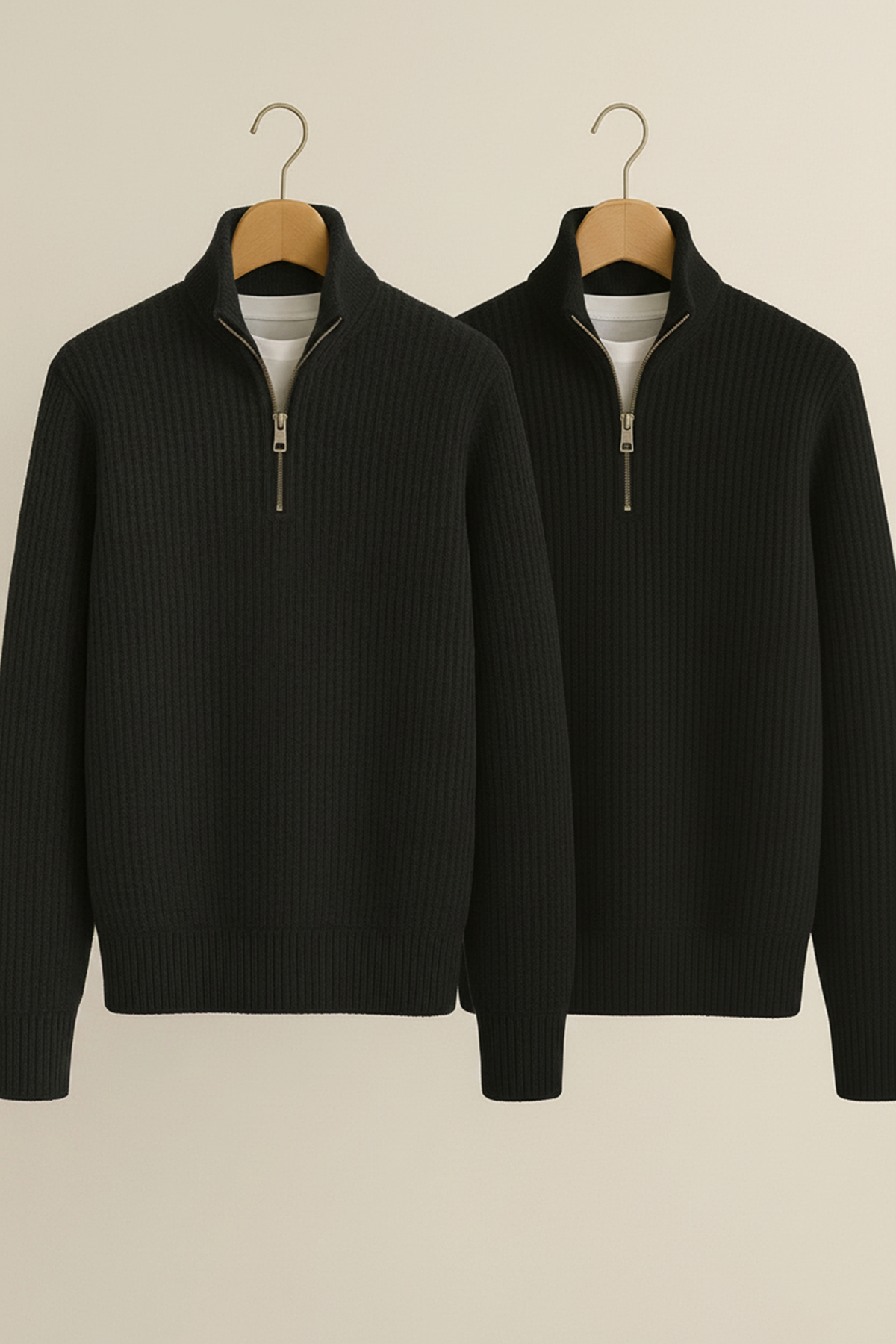 beuivo  Erkek Siyah-Füme 2'li Yarım Fermuarlı Dik Yaka Sweatshirt Selanik Örme Triko Kazak