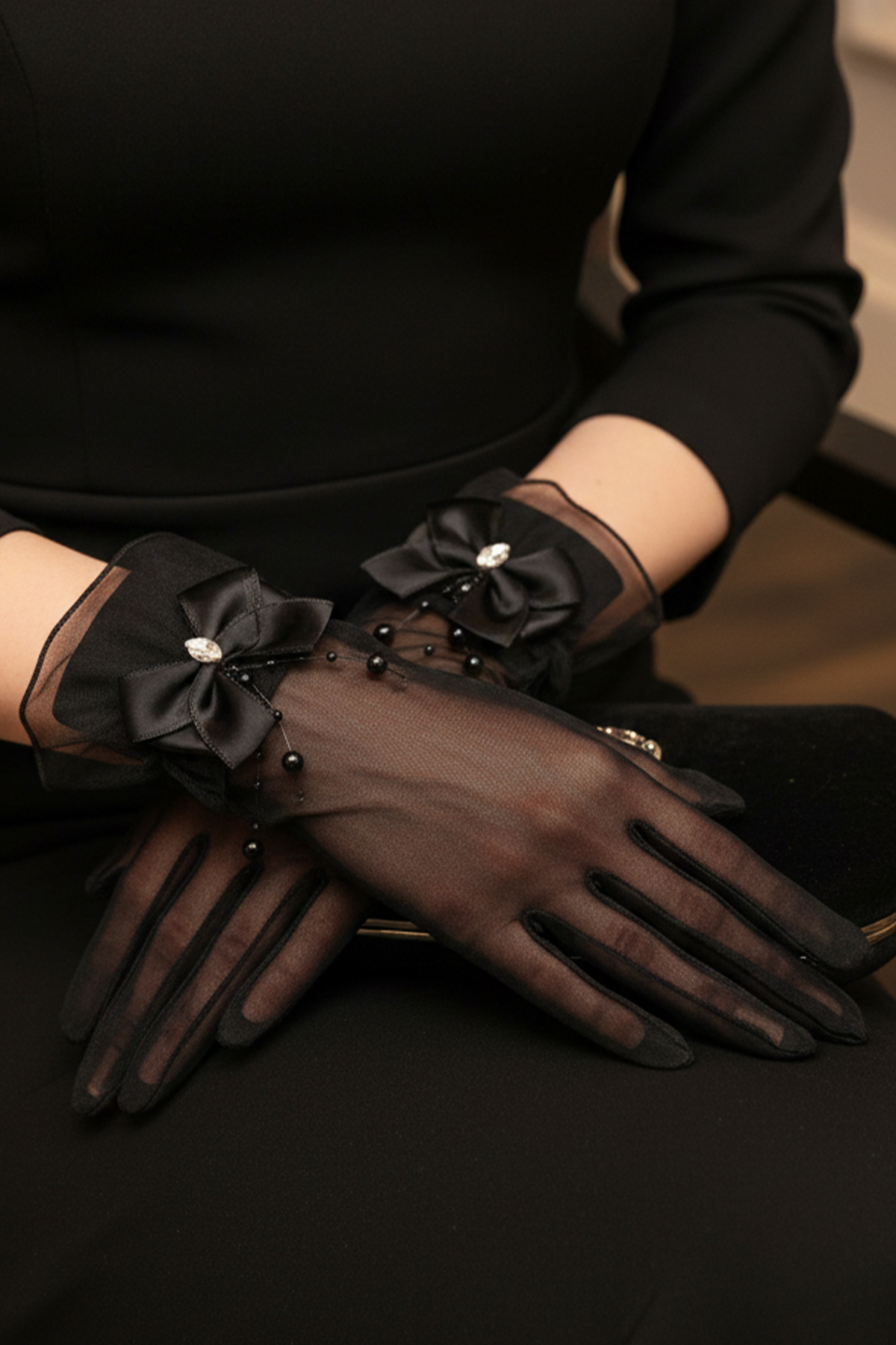 Imaginary Tulle Bridal Gloves - Pearl Branch and Crystal Gemstone Bowtie Detailed Wedding Gloves