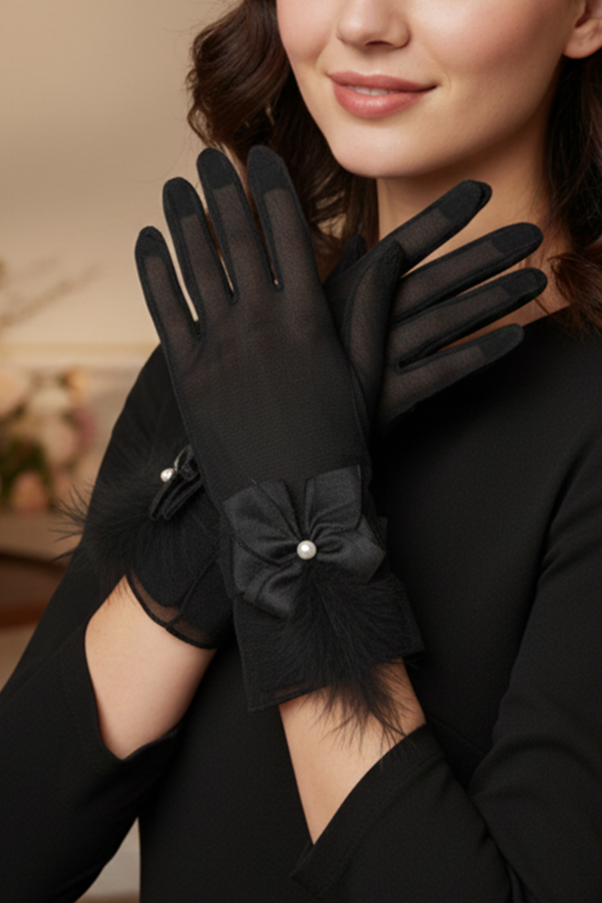 Feathered Transparent Bridal Gloves - Modern Wedding and Wedding Gloves with Pearl Bow Decoration