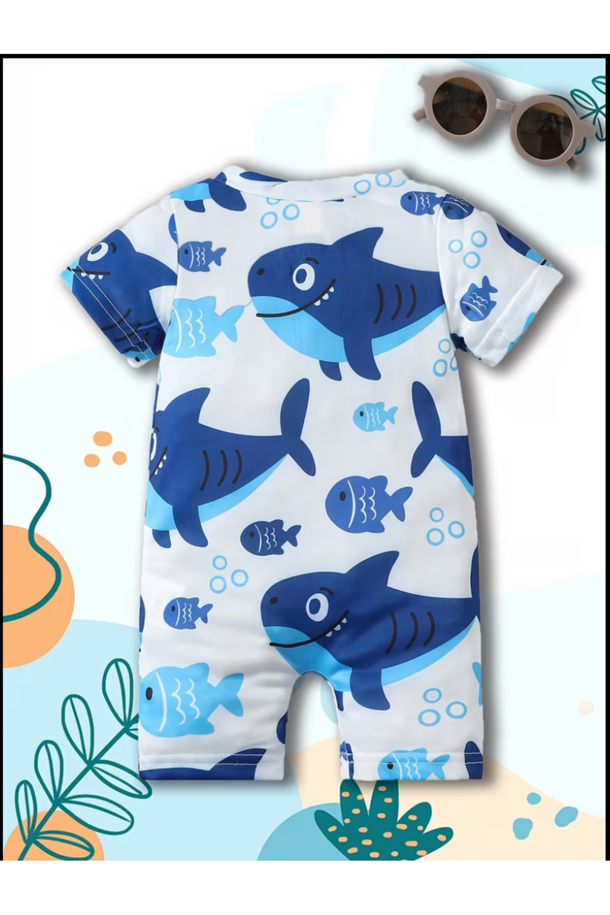 MODA Köpek balığı desenli kısa kollu bebek mayo tulum. Fermuarlı, esnek ve hızlı kuruyan yapı. fotoğrafı 2 (önizleme)