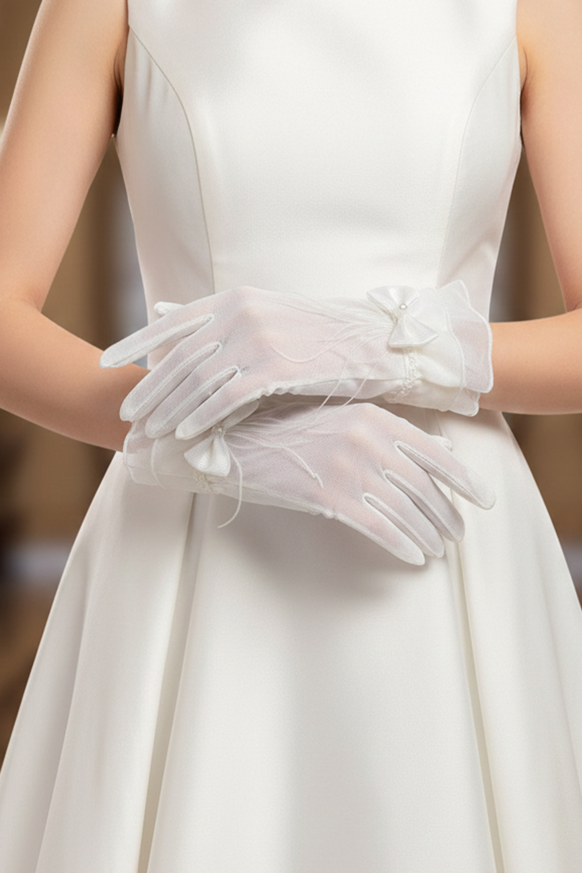 Limelia  Fırfır Detaylı Transparan Gelin Eldiveni - Nervürlü Tül Kumaş Şık Nikah Aksesuarı - Görsel 4