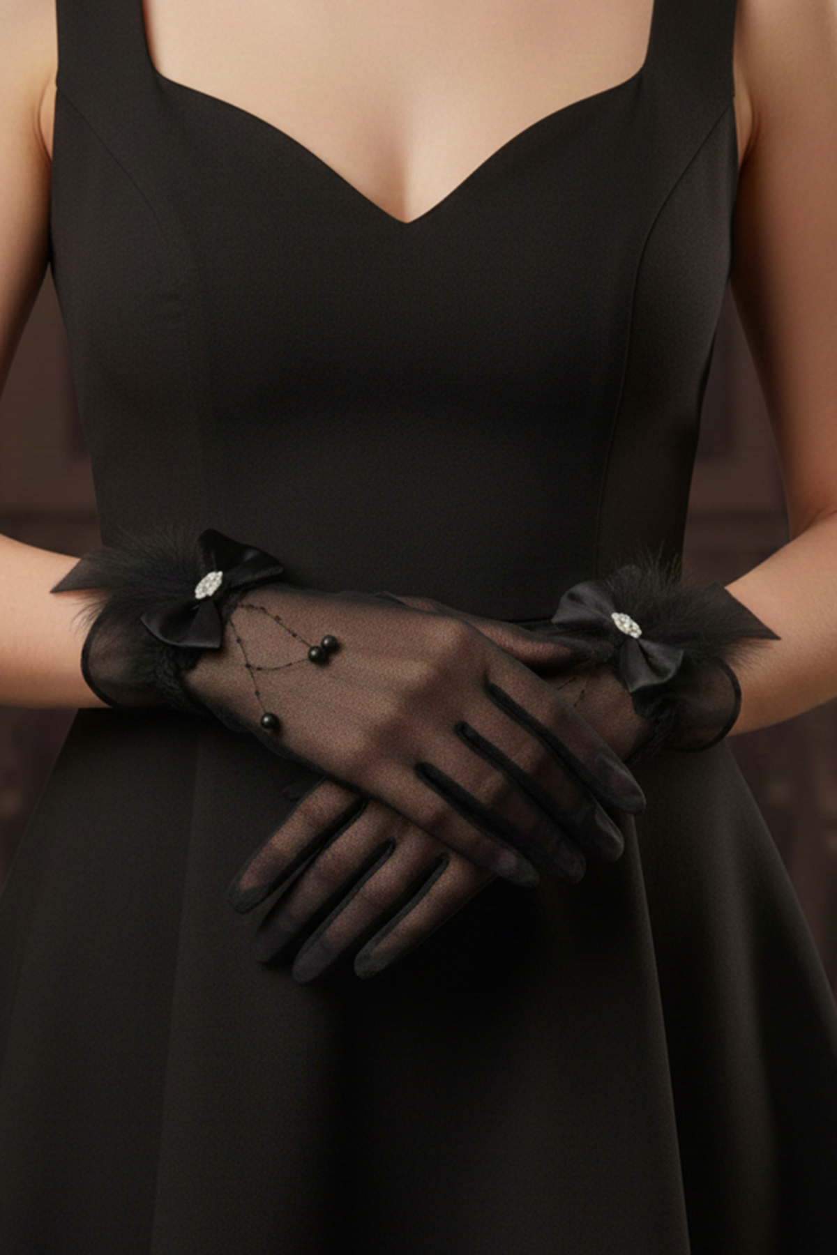 Imaginary Tulle Bridal Gloves - Pearl Pendant and Feather Detail Crystal Stone Wedding Gloves