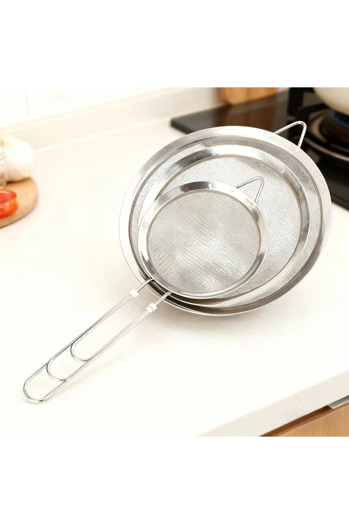 MyBru Paslanmaz Çelik Pratik 3'lü Çay Süzgeci Sebze Un Süzgeç 14 16 18 Cm