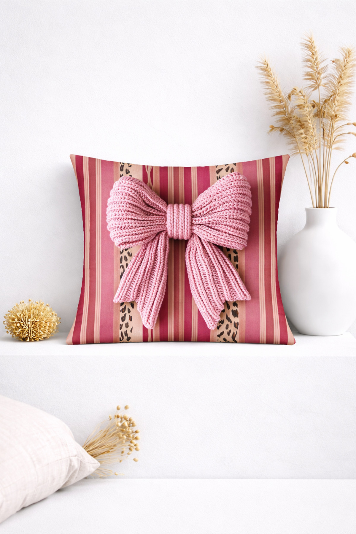 3D Pembe Triko Fiyonk Detaylı Çizgili Dekoratif Kırlent Kılıfı (45x45 cm)