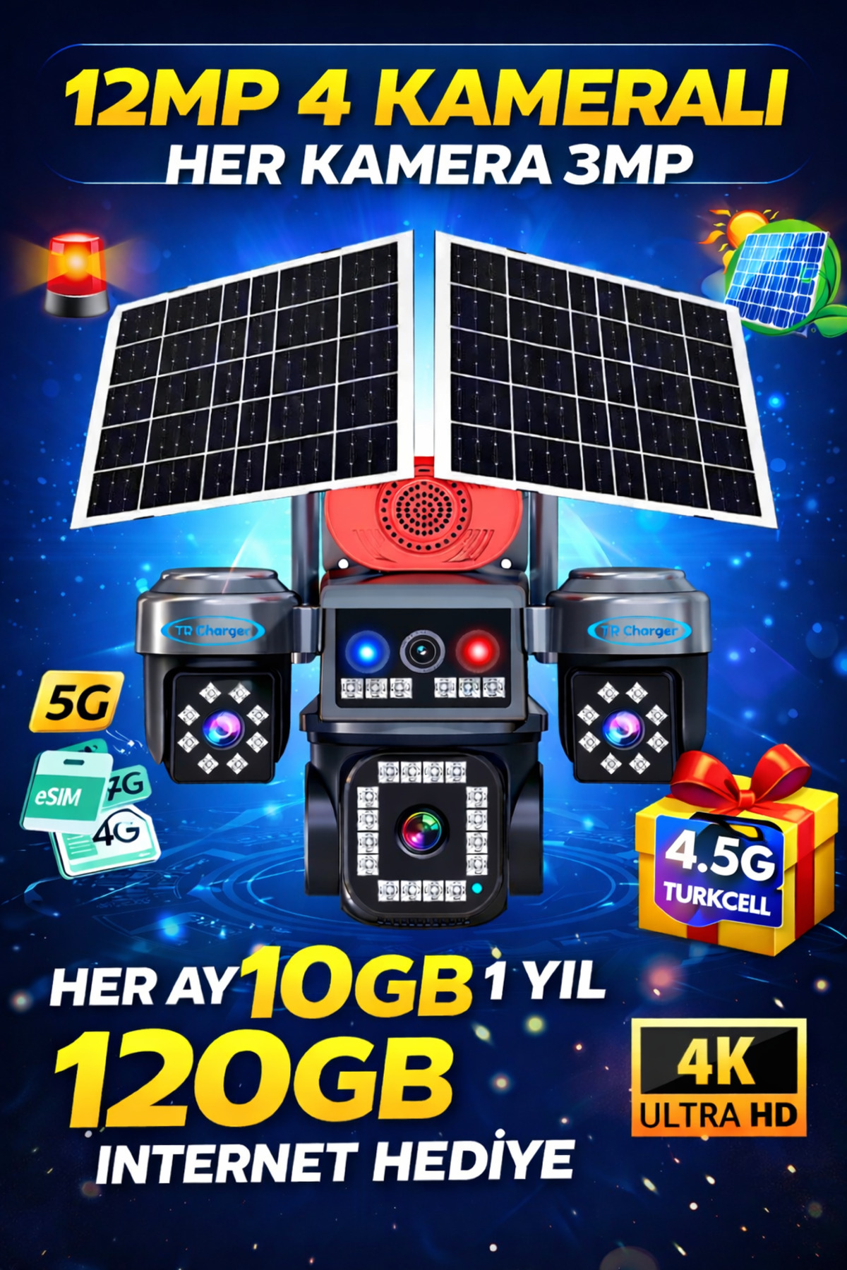 Solar Security Camera with eSIM with 12MP 4 Cameras | 24/7 Recording | Türkcell 10GB Every Month with 1 Year Gift