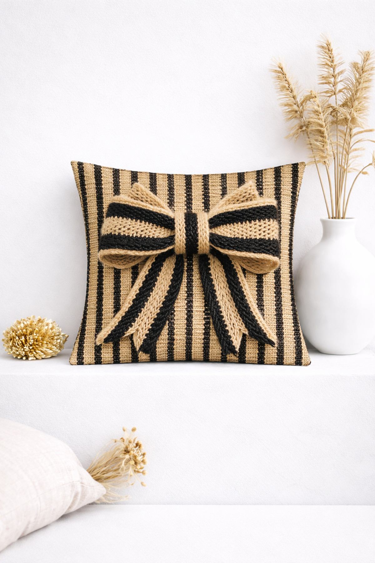 3D Krem-Siyah Fiyonk Detaylı Çizgili Dekoratif Kırlent Kılıfı (45x45 cm)
