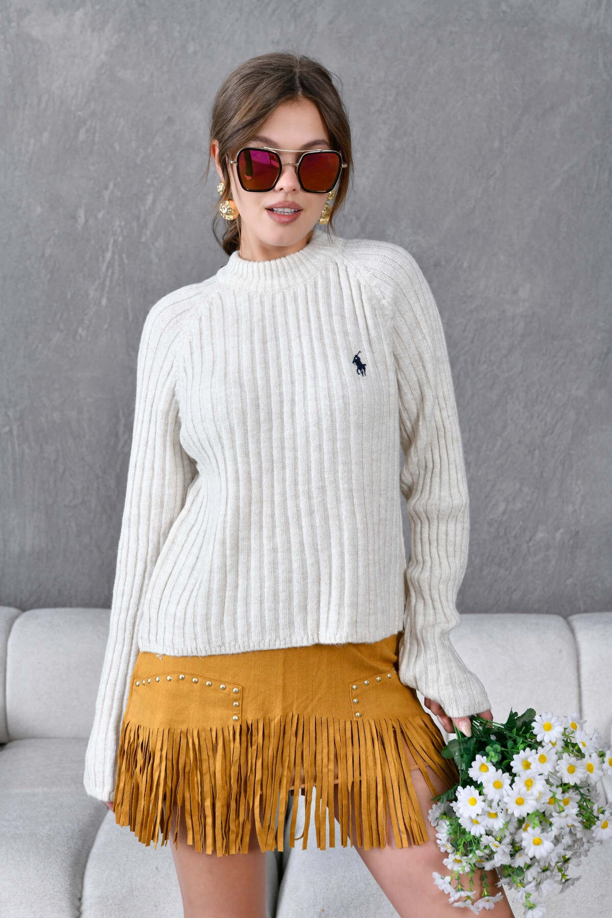 Park Karon Дамски велосипеден пуловер с ребриста яка 8138Sw