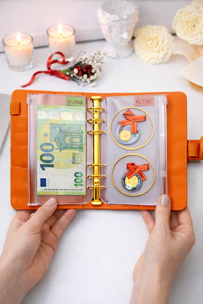 Mint Design Birikim Ajandası - Bütçe Planlayıcı Cüzdan - Turuncu - Altın Meka...