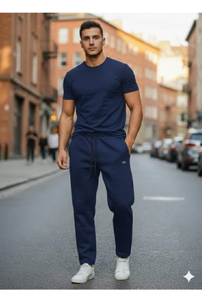 MaratonX Yue standart erkek mavi eşofman altı rahat kesim düz paça üç cepli a...